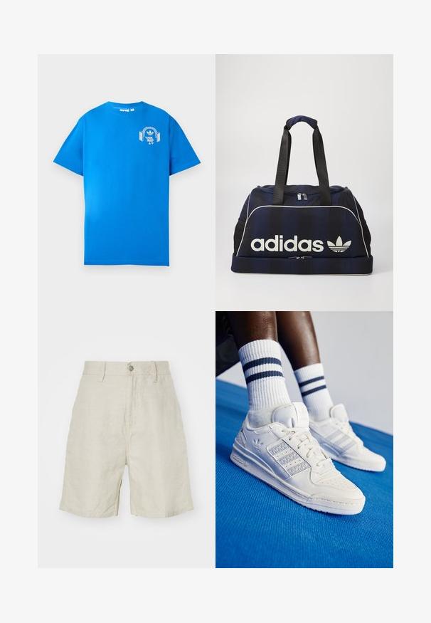 Niebieska bawełniana koszulka z krótkim rękawem. Posiada białą grafikę na przodzie, przedstawiającą postać w słuchawkach i łuk.; Lnianowe szorty w jasnym beżu, z wysokim stanem, zapięciem na guzik i bocznymi kieszeniami. Gładka tekstura z luźnym krojem.; Białe skórzane trampki z perforowanymi akcentami, trzema metalicznymi paskami i teksturowaną boczną panelą. Noszone z białymi skarpetkami z niebieskimi paskami.; Granatowa torba duffel z białym logo Adidasa, posiadająca zapinany na zamek górny otwór, dwa mocne czarne uchwyty oraz boczne kieszenie z siatki. Gładka faktura materiału.