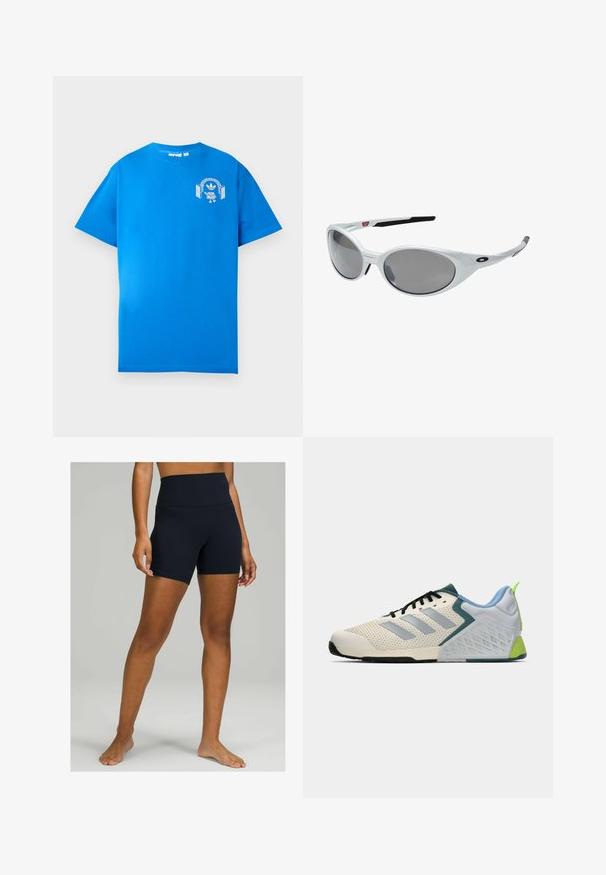 Blaues Baumwoll-T-Shirt mit kurzen Ärmeln. Mit einem weißen Grafikdesign auf der Vorderseite, das eine Figur mit Kopfhörern und einem Bogen zeigt.; Schwarze High-Waist-Shorts aus dehnbarem Stoff, mit glatter Textur und einer taillierten Passform, die bis zur Mitte des Oberschenkels reicht.; Leichte Sportschuhe mit einem cremefarbenen Mesh-Obermaterial, grauen Streifen, einer grünen Akzentfarbe und einer strukturierten blauen Fersenkappe. Schwarze Schnürsenkel.; Weiße Kunststoff-Sonnenbrille mit großen, ovalen Gläsern in grauer Tönung. Verfügt über schwarze Ohrpolster und ein kleines Logo am Rahmen. Glatte Oberfläche.