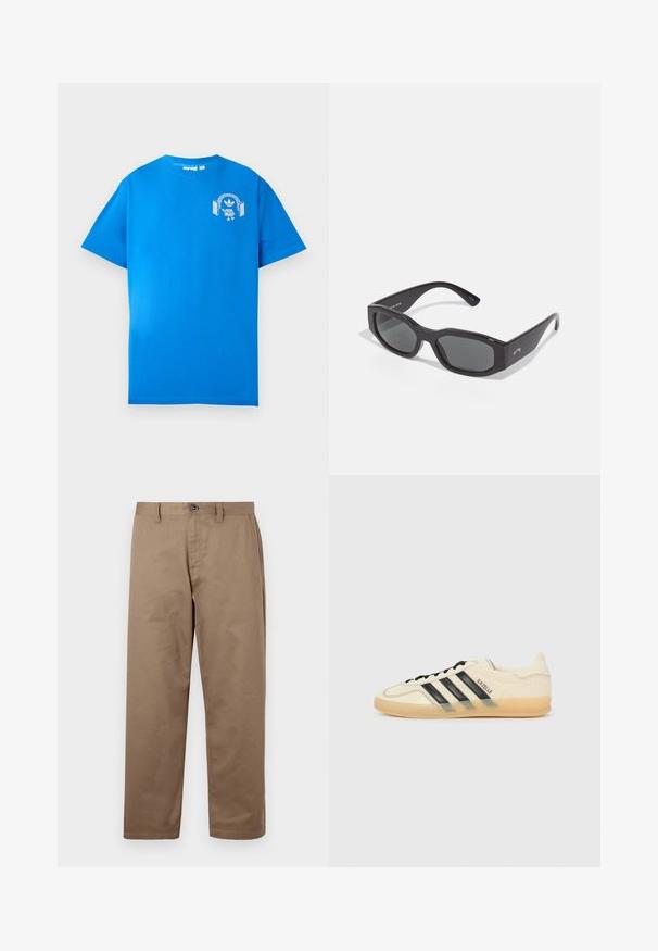 Mėlyna medvilninė marškinė su trumpomis rankovėmis. Priekyje yra balta grafikų dizaino detalė, vaizduojanti personažą su ausinėmis ir arka.; Rudos medvilnės kelnes tiesaus kirpimo, su sagos uždarymu, šoninėmis kišenėmis ir lygiu paviršiumi. Nėra matomų raštų ar akcentų.; Šviesiai kreminiai sportbačiai su juodu trikampiu dizainu, tekstūruota viršutinė dalis, apvalus pirštas ir guminiu padu. Yra raišteliai ir ženklas šone.; Juodos stačiakampės saulės akinių rėmeliai su tamsiais objektyvais. Storas plastikinis rėmas su lygiu paviršiumi, šone su subtilia prekės ženklų žyme.