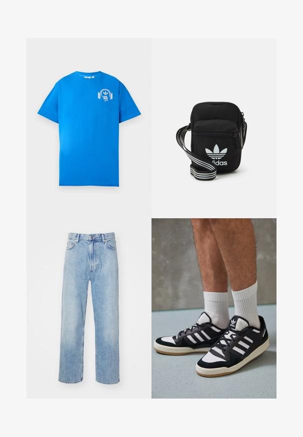 T-shirt en coton bleu à manches courtes. Présente un design graphique blanc sur le devant, affichant un personnage avec des écouteurs et un arc.; Jean en denim bleu clair avec une coupe droite, présentant des coutures contrastantes, cinq poches et une fermeture à boutons classique.; Baskets noir et blanc avec une tige en suède et cuir, comportant trois rayures blanches, un bout perforé et une semelle en caoutchouc gum.; Sac bandoulière noir en tissu avec fermeture éclair, arborant un logo Adidas blanc et une sangle réglable rayée pour un port facile.