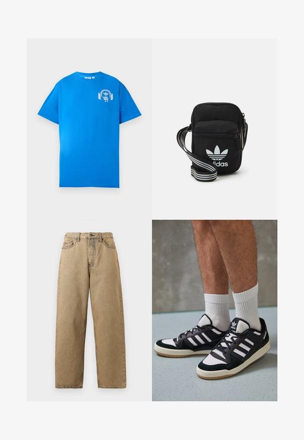 Tricou din bumbac albastru cu mâneci scurte. Prezintă un design grafic alb pe față, care afișează un personaj cu căști și un arc.; Jeans din denim bej cu un design drept, prezentând un fermoar la tiv, bucle pentru curea și cusături contrastante. Fără modele notabile sau detalii de hardware.; Adidași negri și albi cu un superior din suede și piele, prevăzuți cu trei dungi albe, un vârf perforat și o talpă din cauciuc caramel.; Geantă de umăr din material textil negru, cu închidere cu fermoar, având un logo Adidas alb și o curea ajustabilă cu dungi pentru o transportare ușoară.