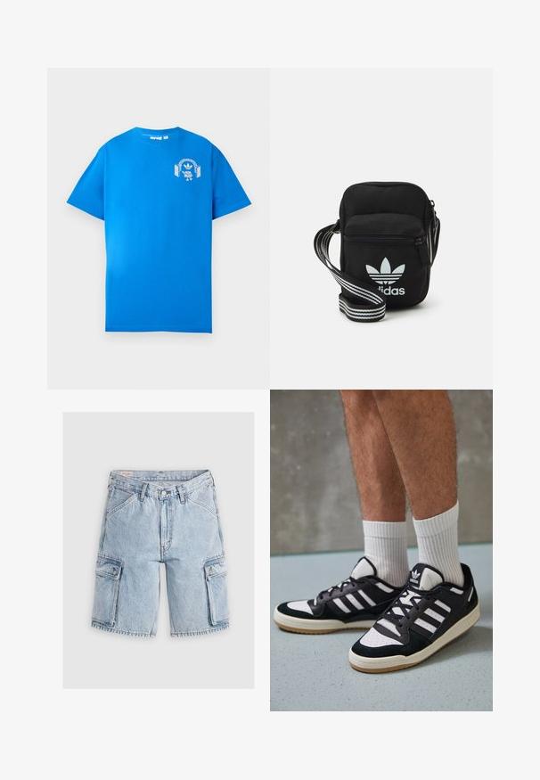Modré bavlněné tričko s krátkým rukávem. Na přední straně je bílé grafické provedení s postavou s sluchátky a obloukem.; Světlé modré denimové cargo šortky s volným střihem, vybavené dvěma bočními kapsami a prošíváním podél švů.; Černobílé tenisky s vrchní částí z semišové a kožené kůže, včetně tří bílých pruhů, perforovaného špičky a podrážky z gumy.; Černá crossbody taška z látky se zipovým uzávěrem, obsahující bílé logo Adidas a pruhovaný nastavitelný popruh pro snadné nošení.