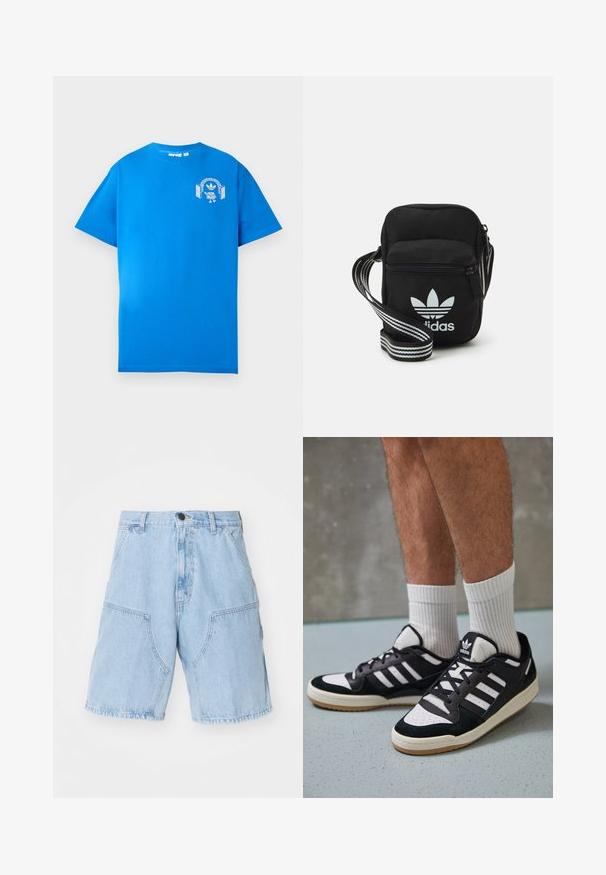 Sinine puuvillane T-särk lühikeste varrukatega. Ees on valge graafiline kujundus, mis kujutab tegelast, kellel on kõrvaklapid ja kaar.; Heledad sinise värvi denim lühikesed püksid, millel on lõtv istuvus, kaks suurt esikot hakkingut ja nööbi kinnitamine vööl.; Mustvalged ja valged spordijalatsid, mille pealmine osa on valmistatud suede'ist ja nahast. Kingadel on kolm valget riba, auguline varvas ja kummist tald.; Mustmust värvi risti koti, millel on tõmblukuga sulgemine, valge Adidas'i logo ja triibuline reguleeritav rihm mugavaks kandmiseks.