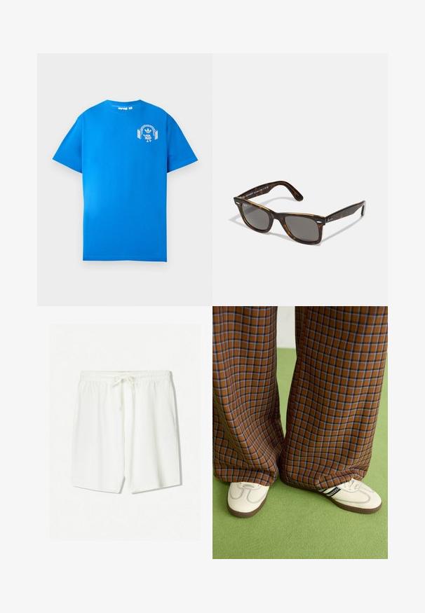 Blue cotton t-shirt with short sleeves. Features a white graphic design on the front, displaying a character with headphones and an arch.; White athletic shorts made of lightweight fabric, featuring an elastic waistband with a drawstring and side pockets. Smooth texture.; Brown and blue plaid wide-leg trousers paired with white shoes featuring black accents and textured soles, set against a green background.; Tortoiseshell sunglasses with gray lenses and a square frame, featuring metallic accents on the temples and logo within the design.