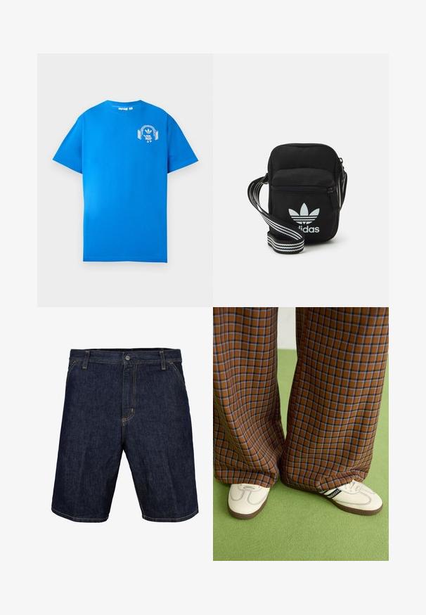 Blue cotton t-shirt with short sleeves. Features a white graphic design on the front, displaying a character with headphones and an arch.; Denim shorts in dark blue with yellow stitching, featuring a front button, belt loops, and side pockets. Smooth texture, knee-length design.; Brown and blue plaid wide-leg trousers paired with white shoes featuring black accents and textured soles, set against a green background.; Black fabric crossbody bag with a zipper closure, featuring a white Adidas logo and a striped adjustable strap for easy carrying.