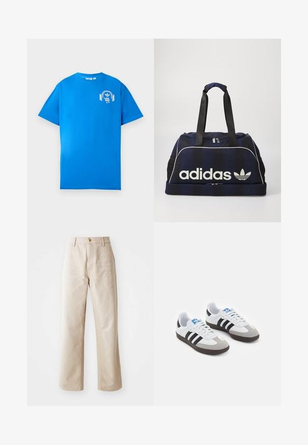 Mėlyna medvilninė marškinė su trumpomis rankovėmis. Priekyje yra balta grafikų dizaino detalė, vaizduojanti personažą su ausinėmis ir arka.; Bežiniai medvilniniai plati kojų kelnės su lygiu paviršiumi, priekyje užsegamos mygtuku, su diržo kilpomis ir dviem šoninėmis kišenėmis.; Sportiniai batai su balta odine viršutine dalimi, pilku zomšiniu priekiu ir trimis juodomis juostelėmis. Ant liežuvio yra mėlynas logotipas, o padas pagamintas iš tekstūruoto gumos.; Navy spalvos sportinis krepšys su baltu Adidas logotipu, turintis užtrauktuką viršuje, du tvirtus juodus rankenėles ir šonines tinklines kišenes. Sklandus audinio tekstūros paviršius.