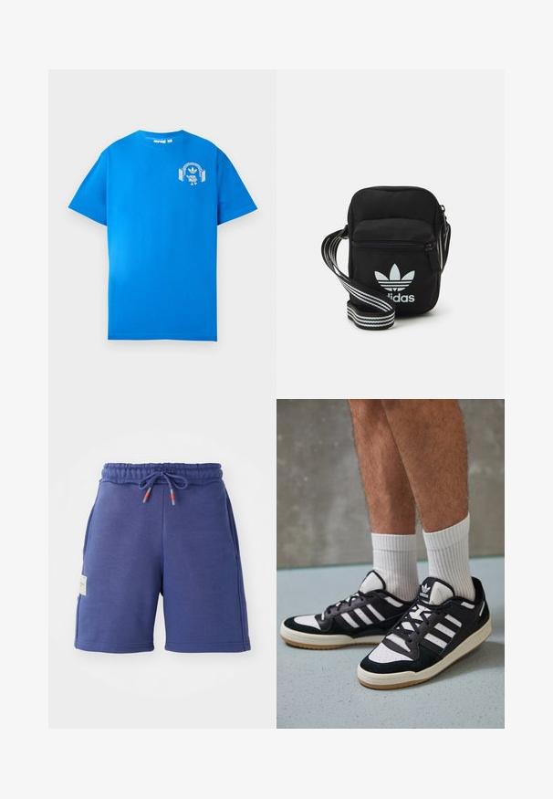 Kék pamut póló rövid ujjakkal. Elöl fehér grafikával díszített, amelyen egy fejhallgatós karakter és egy ív látható.; Sötétkék sportnadrág rugalmas derékkal, húzózsinórral és oldalsó zsebekkel. Puha anyagból készült, sima felülettel.; Fekete-fehér tornacipők velúr és bőr felsőrésszel, három fehér csíkkal, perforált orral és gumi talppal.; Fekete anyagú, keresztpántos táska cipzáras záródással, fehér Adidas logóval és csíkos állítható pánttal a könnyű hordozás érdekében.