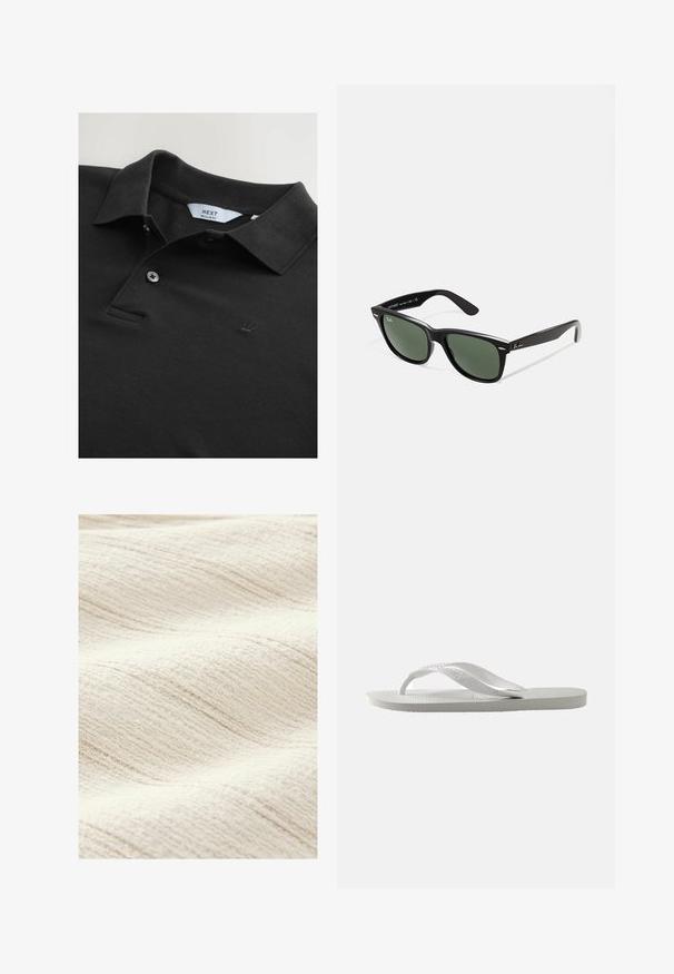 Sort polo-shirt lavet af tekstureret stof med krave, to knapper og et lille broderet krone-logo på brystet. Normal pasform.; Struktureret, off-white stof med et subtilt bølgemønster. Overfladen fremstår blød og har fine, ujævne linjer for yderligere dybde.; Hvid flip-flop med en tekstureret sål og to tynde stropper. Stroppene er glatte med subtil branding. Ingen mønstre eller yderligere elementer.; Sorte plastiksolkaber med grønne linser, firkantede stel, sølvaccent på brynene og teksturerede templede arme. Angivet mærke på den indre arm.