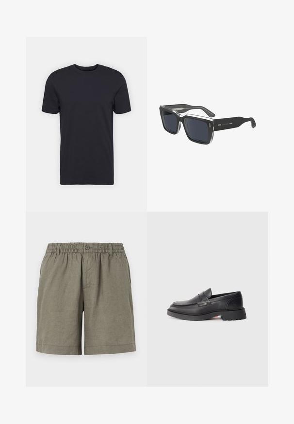 Čierne bavlnené tričko, krátke rukávy, okrúhly výstrih, jednofarebné, ľahká tkanina, hladká textúra, bez viditeľných vzorov alebo grafiky.; Khaki šortky z ľahkého materiálu s elastickým pásom a gombíkovým zapínaním. Majú rovný strih a zrolovaný lem.; Čierne kožené mokasíny s zaoblenou špičkou, vyvýšeným švom a hrubou gumovou podrážkou. Jednoduchý dizajn s minimálnym označením na boku.; Čierne obdĺžnikové slnečné okuliare s tmavošedými sklami, ktoré majú priehľadný koniec rámu a elegantný celopržný čierny rám. Na ráme je logo "Calvin Klein".