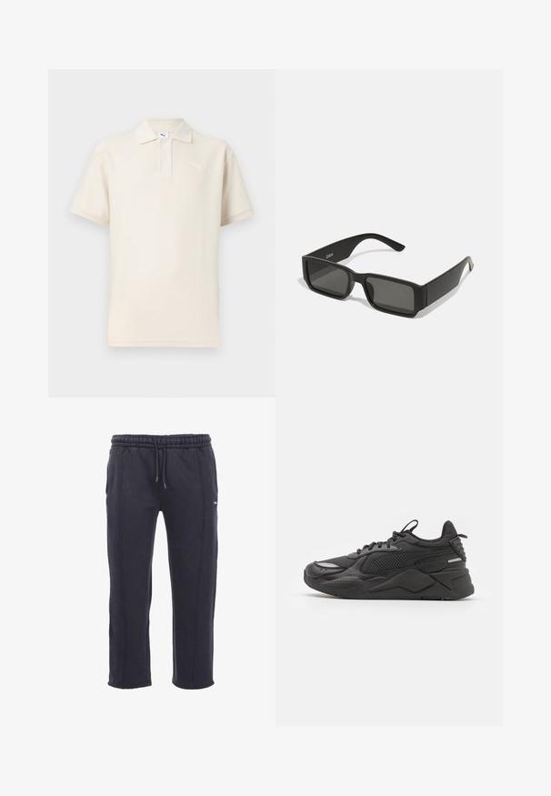 Grietos spalvos polo marškiniai su tekstūruota medžiaga, trumpomis rankovėmis ir trijų mygtukų užsegimu. Kairėje krūtinės pusėje yra balta Puma logo.; Tamsiai pilki treninginiai keliai, pagaminti iš minkštos medžiagos, su elastingu juosmeniu ir raišteliais, šoninėmis kišenėmis ir matomu siuvimu.; Juodi sportiniai bateliai su tekstūruotu paviršiumi, pagaminti iš tinklo ir sintetinės medžiagos, storesne padanga ir atspindinčiais akcentais matomumui.; Juodos saulės akinių su stačiakampiais lęšiais, matinio plastiko rėmas ir tiesios briaunos. Vidinėje rankovėje yra prekės ženklo logotipas.