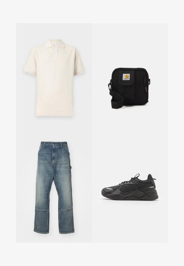 Kremowa koszulka polo z teksturowanej tkaniny, z krótkimi rękawami i zapięciem na trzy guziki. Posiada białe logo Puma na lewej piersi.; Jasnoniebieskie dżinsy o luźnym kroju, wykonane z denimu. Mają szerokie nogawki, duże przednie kieszenie oraz kontrastowe detale szwów.; Czarne sneakersy z teksturowaną cholewką, z siateczkowymi i syntetycznymi materiałami, grubą podeszwą oraz odblaskowymi akcentami zapewniającymi widoczność.; Czarna torba na ramię z zamykaną na zamek główną komorą, przednią kieszenią, regulowanym paskiem oraz widoczną łatką z logo na klapie.