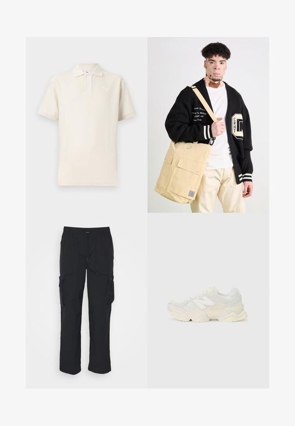 Polo shirt color crema con tessuto texturizzato, maniche corte e una chiusura a tre bottoni. Presenta un logo bianco Puma sul lato sinistro del petto.; Pantaloni cargo neri realizzati in tessuto intrecciato. Presentano una vita regolabile, tasche laterali e due tasche utility con zip.; Sneaker leggera con tomaia in rete e camoscio in morbide tonalità crema, dotata di una suola spessa e di accenti tridimensionali.; Borsa a tracolla beige con due tasche frontali, realizzata in tessuto. Cardigan over-size nero con strisce bianche e dettagli di testo ricamati.