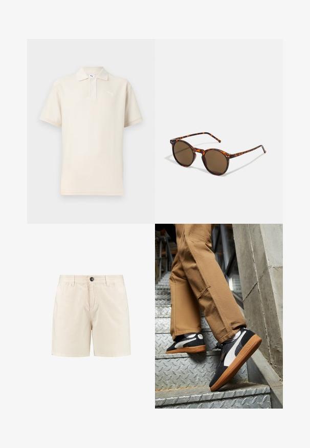 Krémovo sfarbená polo košeľa s textúrovanou tkaninou, krátkymi rukávmi a troj-buttonovým zapínaním. Na ľavej hrudi sa nachádza biele logo Puma.; Bežové bavlnené šortky s gombíkovým zapínaním, elastickým pásom a bočnými vreckami. Jednoduchý dizajn s rovnými nohavicami a bez viditeľných vzorov.; Čierne a šedé semišové tenisky s bielymi akcentmi a gumovými podrážkami, nosené na béžových nohaviciach pri stúpaní po kovových schodoch.; Kulaté slnečné okuliare s rámom z korytnačiny a hnedými sklami. Majú tenké nožičky s jemnou textúrou a kovovými akcentmi blízko skiel.