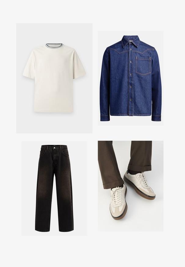 Kremasta pamučna majica s kratkim rukavima, koja ima okrugli izrez naglašen mornarsko plavim i bijelim prugama. Glatka tekstura, ležeran kroj.; Tamno plavi traper dugih rukava s oštrim kragnom, dugmadi sprijeda, džepom na prsima i kontrastnim narančastim šavovima.; Crne traperice s opuštenim krojem, s petljama za pojas, dizajnom s pet džepova i kopčanjem na gumbe. Teksturu tkanine s laganim izbljeđivanjem.; Bež tenisice s teksturiranom nubuk prednjom stranom, glatkim kožnim bočnim stranama i smešnim gumenim potplatom. Uključene su vezice i lagani detalji šivanja.