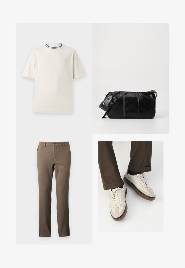 T-shirt de algodão em cor creme com mangas curtas, apresentando um decote redondo realçado por listras em azul-marinho e branco. Textura suave, corte descontraído.; Calças castanhas de perna direita, feitas de algodão com uma textura suave, apresentando bolsos frontais e um fecho com um único botão na cintura.; Tênis bege com frente em camurça texturizada, lados em couro liso e sola em borracha marrom. Inclui cadarços e detalhes de costura clara.; Bolsa de ombro em couro preto com fecho em zíper, apresentando um corpo texturizado, costura branca e uma alça com ilhós prateados.