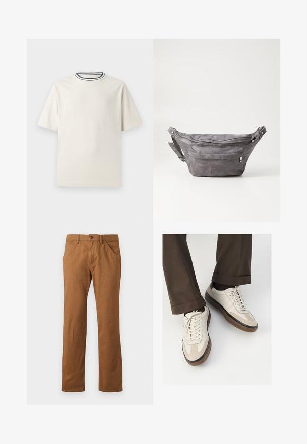 Kremowa bawełniana koszulka z krótkim rękawem, z okrągłym dekoltem ozdobionym granatowymi i białymi paskami. Gładka tekstura, luźny krój.; Brązowe bawełniane spodnie o prostym kroju, z zapięciem na guzik, kieszeniami bocznymi i gładką fakturą. Idealne do codziennego noszenia.; Beżowe sneakersy z teksturowanym zamszowym przodem, gładkimi skórzanymi bokami i brązową gumową podeszwą. Zawierają sznurówki oraz subtelne detale w dwóch kolorach.; Szara zamszowa saszetka biodrowa o zaokrąglonym kształcie, z dwoma zasuwanymi komorami i regulowanym paskiem. Wyróżnia się metalowymi akcentami.
