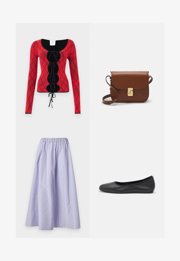 Raudona megzta ilgomis rankovėmis palaidinė, pasižyminti deimanto raštu, juodais akcentais, apvaliu iškirpimu ir priekyje suveržiamu ornamentu su rišimu.; Lavandų spalvos plati kelnė, pagaminta iš lengvos medžiagos, su elastinga juosmeniu, glotnia tekstūra ir sklandžiu siluetu.; Juodai odiniai baletai su apvaliu pirštu, lygi texture, minimalus siuvimo detales ir lanksčiu padų dizainu.; Ruda odinė rankinė su uždaromu dangteliu, aukso spalvos detalėmis, petneša ir lygiu paviršiumi. Kompaktiška stačiakampio formos.