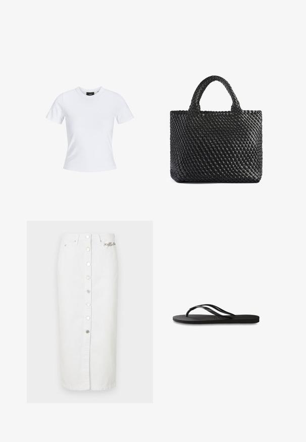 Camiseta blanca de manga corta con escote redondo, hecha de material de algodón, con una silueta ajustada y una etiqueta de marca negra en el interior del cuello.; Falda de mezclilla blanca con cierre de botones en el frente, bolsillos laterales y detalle de logo. Larga, con corte recto y textura suave.; Chanclas negras con suela de goma texturizada, dos tiras delgadas y un sutil detalle de logo en relieve en la tira.; Bolso tote tejido negro con dos asas, que presenta una superficie texturizada y una forma rectangular. Diseño simple y único sin hardware visible.