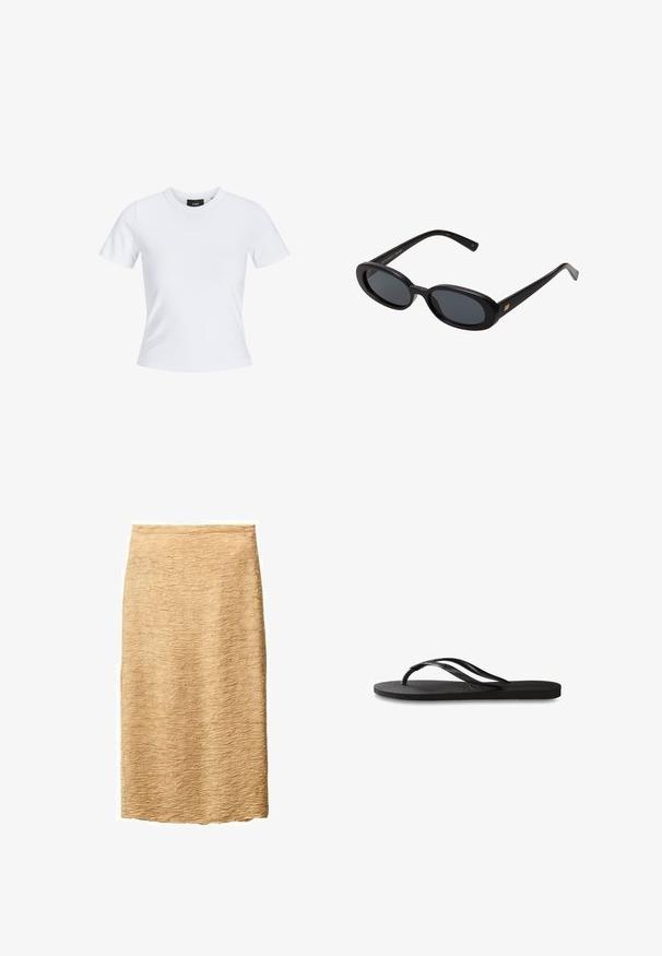Valkoinen lyhythihainen t-paita pyöreällä pääntiellä, valmistettu puuvillamateriaalista, jossa on vartalonmyötäinen malli ja musta tuotemerkki, joka on kauluksen sisäpuolella.; Beige pencilhame, jossa on teksturoitu pinta ja hienovarainen aallotuskuvio. Polven mittainen ja valmistettu kevyestä kankaasta.; Mustat flip-flopit, joissa on röpelöinen kumipohja, kaksi hoikkaa remmiä ja hillitty, kohokuvioitu logotyyli remmissä.; Mustat ylisuuruiset aurinkolasit, jotka ovat soikeat linssit, sileä muovikehys ja kultaiset korostukset temppeleissä. Tummat linssit tarjoavat suojaa auringolta.