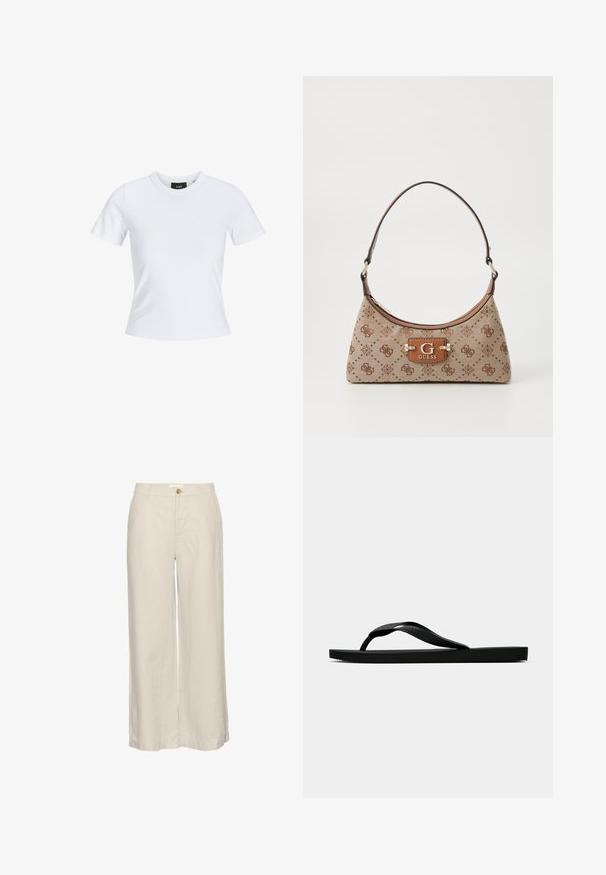 Balta trumpa rankovėmis marškinėliai su apvaliu iškirpimu, pagaminti iš medvilnės, su prigludusia siluetu ir juoda prekės ženklo etikete apykaklėje.; Šviesiai smėlio spalvos plataus kojų lino kelnės su sagų uždarymu, turinčios glotnią tekstūrą ir minimalų siuvimo detalumą ant krašto.; Juodas gumos šlepetės tipo sandalai su tekstūruota dirželiu ir paprastu plokščiu padu, rodomi iš šono ant vientiso šviesaus fono.; Beige spalvų audinio rankinė su rudos spalvos raštuotais akcentais. Turi išlenktą formą, vieną diržą ir priekyje su sidabro detale esantį logotipą.