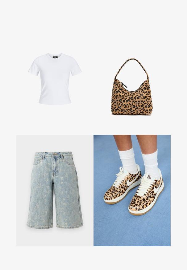 White short-sleeve t-shirt with a round neckline, made of cotton material, featuring a fitted silhouette and a black brand label inside the collar.; Denim bermuda shorts in light blue, featuring a faded pattern, five-pocket design, and a straight cut with frayed hems.; Leopard print Nike Air Force 1 sneakers with white laces and swoosh, featuring a tan rubber outsole and textured upper. White crew socks visible.; Leopard print handbag with a curved handle, made of soft fabric, featuring a zip closure at the top and black accents on the edges.