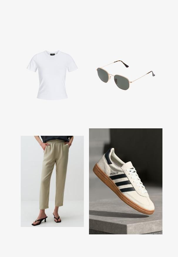 T-shirt blanc à manches courtes avec un col rond, fabriqué en matériau coton, présentant une silhouette ajustée et une étiquette de marque noire à l'intérieur du col.; Pantalons beige clair taille haute avec une taille élastique, jambes droites et texture lisse. Associés à des sandales à talons noires.; Baskets en daim blanc avec des bandes navy, semelle en caoutchouc gomme, tige texturée, bout rond et lacets ; arbore un logo sur le côté et sur la languette.; Lunettes de soleil en métal doré avec des verres vert foncé, de style aviateur, dotées de branches fines et d'accents en écaille de tortue sur les embouts.; Sac en simili cuir matelassé noir avec une chaîne, arborant un motif hexagonal et un détail décoratif en forme d'ailes à l'avant.