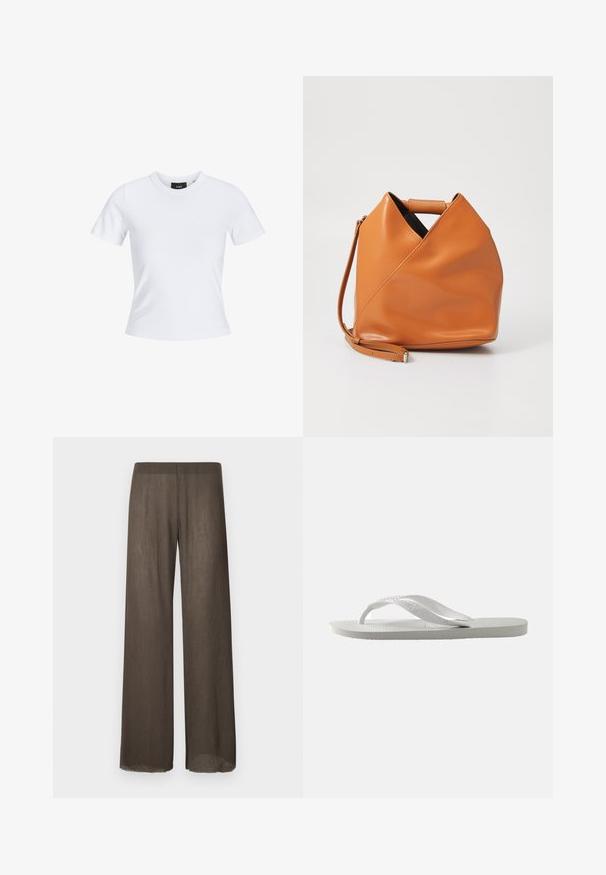 T-shirt blanc à manches courtes avec un col rond, fabriqué en matériau coton, présentant une silhouette ajustée et une étiquette de marque noire à l'intérieur du col.; Pantalons larges en brun foncé, en tissu léger et texturé avec un drapé doux. Présente un design minimaliste et des finitions brutes.; Tongs blanches avec une semelle texturée et deux fines sangles. Les sangles sont lisses avec un logo subtil. Pas de motifs ni d'accents supplémentaires.; Sac à main en cuir tan avec un design de pli triangulaire unique, poignées supérieures et une bandoulière détachable sur fond blanc.