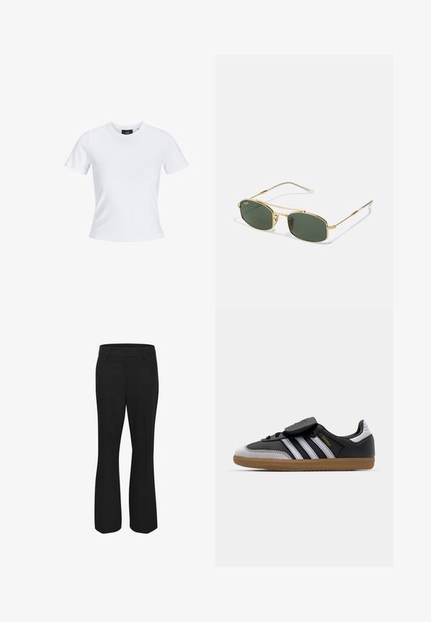 White short-sleeve t-shirt with a round neckline, made of cotton material, featuring a fitted silhouette and a black brand label inside the collar.; Black pants made of smooth fabric, featuring a straight leg design with a flat front and side pockets. No visible patterns or accents.; Black leather and gray suede sneaker with white stripes, rubber gum sole, lace-up front, and Velcro strap. Features "Samba" branding in gold.; Gold metal sunglasses with green lenses, featuring an angular shape and slender arms. The design includes a thin frame and subtle branding on the lens.