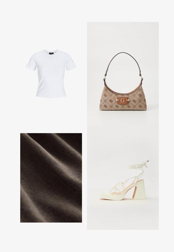 Maglietta bianca a maniche corte con scollatura rotonda, realizzata in cotone, caratterizzata da una silhouette aderente e un'etichetta nera del marchio all'interno del colletto.; Tessuto marrone scuro con una superficie liscia e testurizzata, caratterizzato da leggere pieghe e un aspetto opaco e morbido. Ideale per varie applicazioni tessili.; Sandalo bianco con tacco alto, caratterizzato da un design a cinturini e un legaccio alla caviglia. Texture liscia con una piattaforma frontale per un'altezza aggiuntiva.; Borsa a tote in tessuto beige con dettagli a motivo marrone. Presenta una forma curva, una tracolla singola e una placca con logo nella parte anteriore con finiture in metallo argentato.