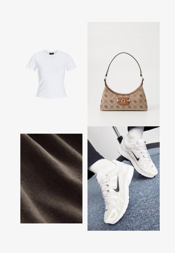 Biała koszulka z krótkim rękawem, okrągłym dekoltem, wykonana z materiału bawełnianego, charakteryzująca się dopasowaną sylwetką oraz czarną metką marki wewnątrz kołnierza.; Ciemnobrązowy materiał o gładkiej, teksturowanej powierzchni, z subtelnymi zmarszczkami i miękkim, matowym wykończeniem. Idealny do różnych zastosowań tekstylnych.; Białe i beżowe sneakersy Nike z siateczkową cholewką, teksturowanym pokryciem, czarnym logo Swoosh oraz amortyzowaną podeszwą z bieżnikiem.; Torba tote w beżowym materiale z brązowymi wzorzystymi akcentami. Posiada zakrzywiony kształt, pojedynczy pasek oraz plakietkę z logo z przodu z srebrnymi elementami.
