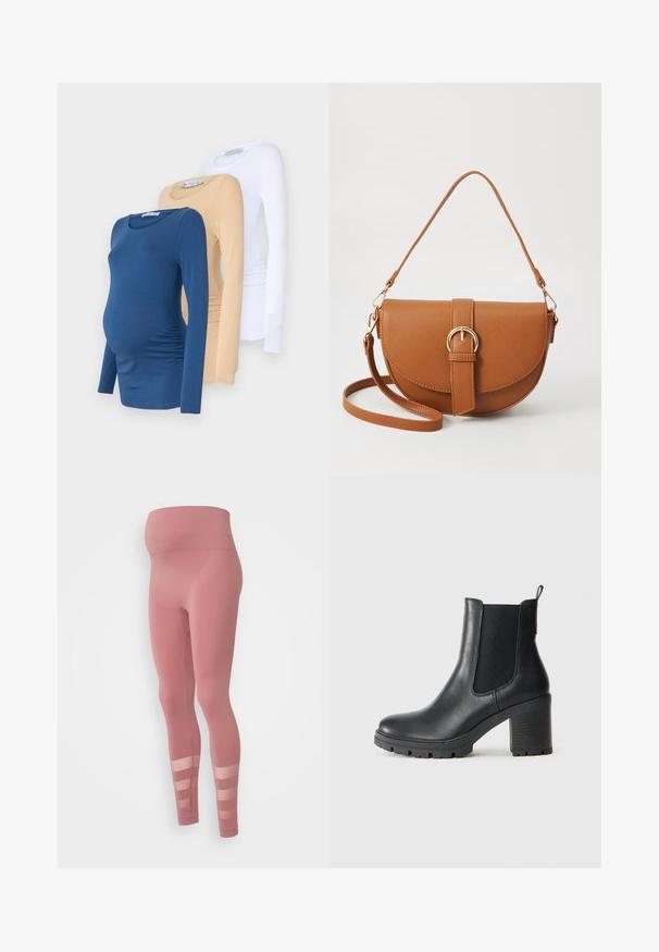 Drei langärmlige Umstandblusen in Blau, Beige und Weiß. Hergestellt aus weichem Stoff mit taillierter Passform und seitlichen Raffung für zusätzlichen Komfort.; Rosa Leggings mit einem nahtlosen hohen Bund, der an den unteren Beinen mit einem transparenten gestreiften Cutout verziert ist. Hergestellt aus dehnbarem, glattem Material.; Schwarze Leder-Ankle Boots mit elastischen Seitenpanelen, dicker Gummisohle und einem hohen Blockabsatz. Mit einem Zugriegel auf der Rückseite.; Braune Leder-Crossbody-Tasche mit geschwungener Form, goldfarbenen Beschlägen und einer Schnallenakzentuierung. Verfügt über einen abnehmbaren Schultergurt.