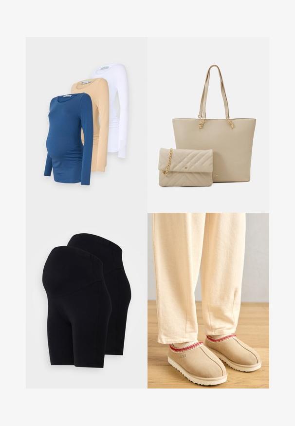 Tri dolge rokave materinske majice v modri, bež in beli barvi. Narejene iz mehke tkanine s prilagojeno zasnovo in stranskimi nabrani za udobje.; Črne raztegljive kratke hlače z visokim pasom, ki se ponašajo z gladko teksturo in preprostim oblikovanjem. Prodajajo se v paketu po dveh.; Svetlosmeđi gamine s rdečim dekorativnim robom in belim gumijastim podplatom, v kombinaciji s svetlobezžnimi hlačami, postavljeni na lesene tla.; Bežna torba z ravnimi ročaji, gladke teksture in zlatim okovjem, v kombinaciji z ujemajočo se prešito torbico z verižnim ročajem.