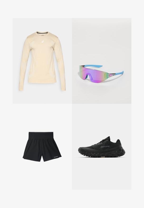 ASICS ROAD SEAMLESS TOP - Pikkade varrukatega topp - cream; Mustad mustandid spordilühikesed püksid laia elastse vöökohtaga, millel on lõdva istuvuse ja diskreetne bränding alumises vasakus servas. Sile tekstuur.; Mustad mustreeritud pehmendusega mustad spordijalatsid, tugevdatud kand, kõver tallakujundus ja agressiivne talla muster haakumise tagamiseks. Silmatorkav laineline disain detail.; Nike päikeseprillid suure reguleeritava objektiiviga, mis üleminekult violetset värvi rohelisse, siniste plastikraamidega ja peene, nurkse disainiga.