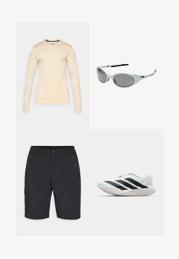 ASICS ROAD SEAMLESS TOP - Langærmet T-shirt - cream; Sorte cargoshorts med en lynlås-lomme, elastisk talje og sidelagsdetaljer. Fremstillet af letvægts, slidstærkt stof.; Letvægtige løbesko i lys blå med sorte striber. Har en glat overdel, rund tå og tyk hvid mellemsål mærket "LIGHTSTRIKE PRO."; Hvide plast solbriller med store ovale linser, gråtonede. Har sorte øre greb og et lille logo på rammen. Glat overflade.