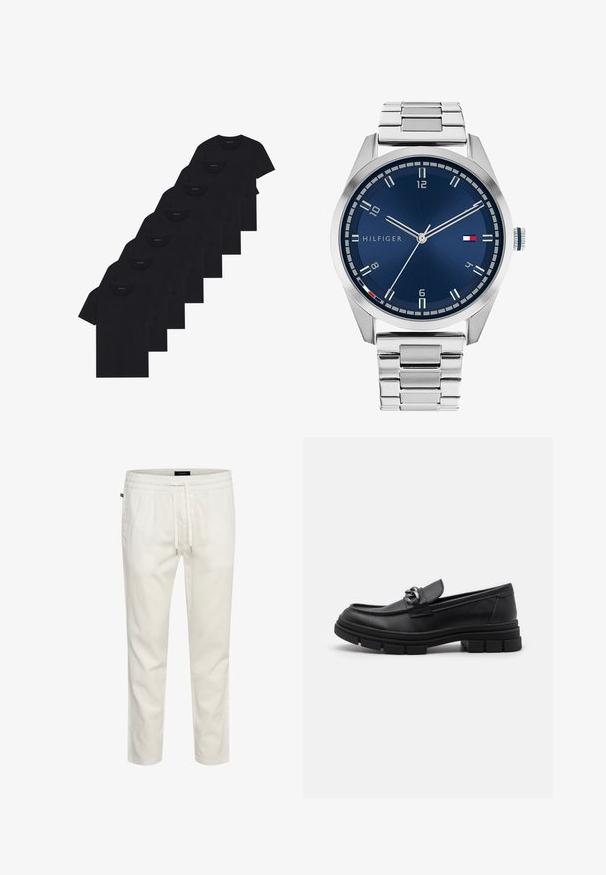 Sarja kahdeksasta mustasta puuvilla-t-paidasta, joissa on lyhyet hihat ja pyöreä kaula-aukko, yksinkertainen muotoilu ja pehmeä rakenne.; Valkoiset, kevyet puuvillajoggerit, joissa on elastinen vyötärö ja nauhaku Closure, sekä rento istuvuus. Sileä pinta ilman kuvioita tai yksityiskohtia.; Musta nahkaloaferi pyöreällä varvalla, koristeellisesti varustetulla hihnalla ja metalliosilla sekä paksulla, teksturoidulla pohjalla. Sileä pinta hienovaraisin yksityiskohdin.; Harmaa metallikello, jossa on harjattu sininen taulu, valkoiset tuntimerkit ja päivämääränäyttö. Varustettu linkitetyllä metallirannekkeella ja brändin logolla.; Hopeaketju, jossa on paksuja lenkkejä ja keskellä hienostuneesti yksityiskohtainen pyöreä riipus. Sileä, heijastava metallipinta.