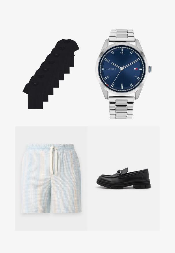 Sæt af otte sorte bomulds t-shirts med korte ærmer og rund hals, der har et enkelt design og en blød tekstur.; Lette, strukturerede shorts med et blåt og hvidt stribet mønster. Har en elastisk talje og en snøre lukning.; Sort læderloafer med rund tå, en dekorativ rem og hardware, samt en chunky tekstureret sål. Glat finish med subtile detaljer.; Sølvmetal ur med en børstet blå urskive, hvide timemarkører og en datovisning. Har et sammenkædet metalarmbånd og brandlogo.; Sølv kædedyse med tykke led og et centralt cirkulært vedhæng med indviklet detaljering. Glat, reflekterende metaloverflade.