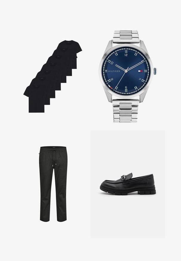 Nabor osmih črnih bombažnih majic s kratkimi rokavi in okroglim izrezom, ki imajo preprost dizajn in mehak otip.; Črne bombažne hlače z elastičnim pasom, zavezovanjem in sproščenim krojem. Imajo gladko teksturo in taperirane noge.; Črni usnjeni loaferji z zaobljenim nosom, dekorativnim trakom in dodatki ter debelim teksturiranim podplatom. Gladek zaključek s subtilnimi detajli.; Srebrna kovinska ura z brušenim modrim številcem, belimi številčnicami in prikazom datuma. Ima povezano kovinsko zapestnico in logotip blagovne znamke.; Srebrna verižica z дебелыми povezavami in osrednjim krožnim obeskom z zapletenim detajliranjem. Gladka, odsevna površina kovine.