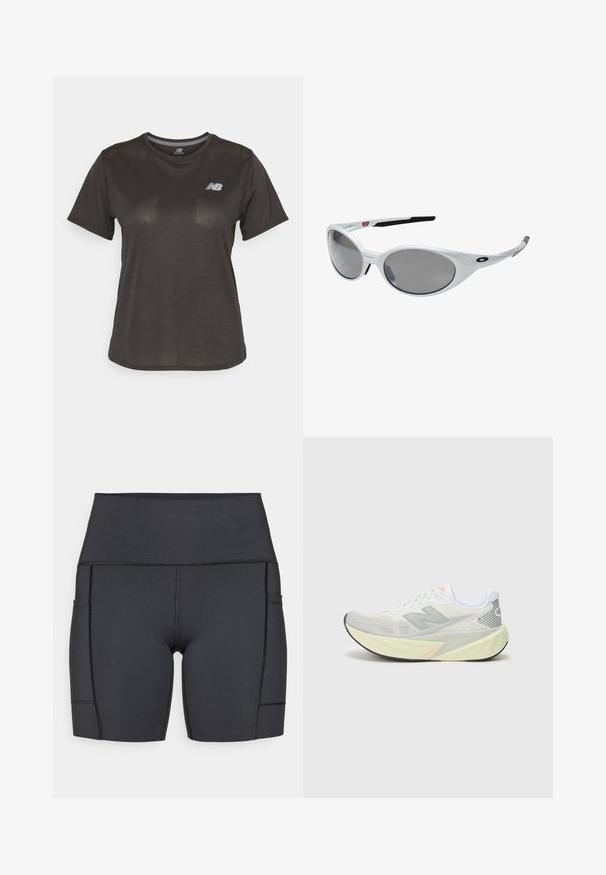 Čierne športové tričko s krátkymi rukávmi, vyrobené z ľahkej tkaniny. Má jemný štruktúrovaný vzor a malé biele logo na hrudi.; Čierne vysoké kraťasy vyrobené z elastického materiálu, s bočnými vreckami, plochými švami a hladkým povrchom pre pohodlie počas aktivít.; Ľahká bežecká obuv s šedo-bielou sieťovinou, výrazným logom 'N' a žltou medzipodrážkou s šikmými akcentmi. Čierna podrážka.; Biele plastové slnečné okuliare s veľkými oválnymi šošovkami, šedými tónovanými. Vlastnosti zahŕňajú čierne ušné úchyty a malé logo na ráme. Hladký povrch.