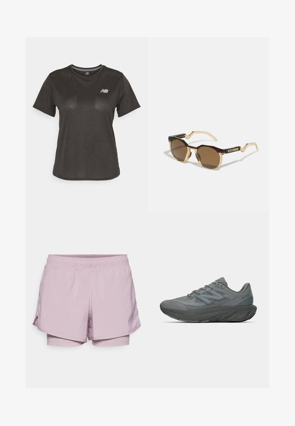 Black athletic t-shirt with short sleeves, made from lightweight fabric. Features a subtle textured pattern and a small white logo on the chest.; Light pink athletic shorts with an elastic waistband, inner lining, and side slits for flexibility. Made from lightweight, breathable fabric.; Gray New Balance running shoe with cushioned sole, mesh upper, and laces, shown from the side on a white background.; Brown, round sunglasses with a tortoiseshell and clear light yellow frame, angular arms, and textured detailing on the temples.