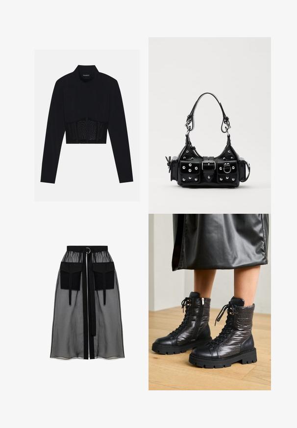 Black long-sleeve crop top featuring a high neck, a sheer mesh panel at the waist, and structured seams for a fitted design.; Black sheer skirt with a gathered waistband, featuring two large front pockets, a waist tie, and a circular metal accent.; Black leather ankle boots featuring a textured quilted upper, lace-up design, and a chunky rubber sole with patterned accents.; Black leather handbag with a curved design, featuring silver studs, a buckle, and two side pockets. Adjustable strap for carrying options.
