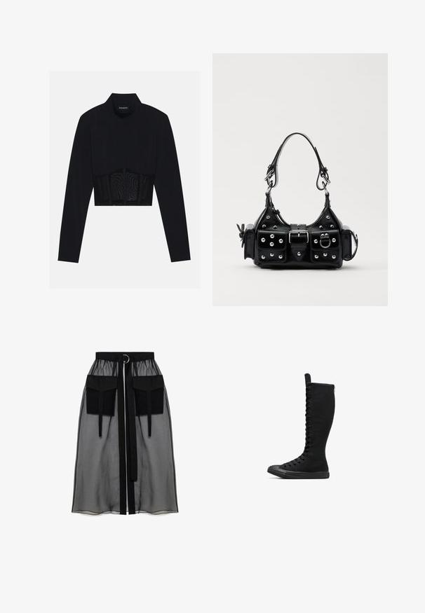 Fekete, hosszú ujjú crop top, magas nyakkal, áttetsző hálós betéttel a deréknál és strukturált varrásokkal, amelyek feszes szabást biztosítanak.; Fekete áttetsző szoknya ráncolt derékrésszel, két nagy elülső zsebbel, derékpánttal és kör alakú fém díszítéssel.; Fekete magas szárú vászon csizmák, lekerekített orral, cipzárral és elől fűzővel. Texturált felülettel és gumitalppal rendelkezik.; Fekete bőr kézitáska ívelt designnal, ezüst szegecsekkel, csattal és két oldalsó zsebbel. Állítható vállpánt a hordozási lehetőségekhez.
