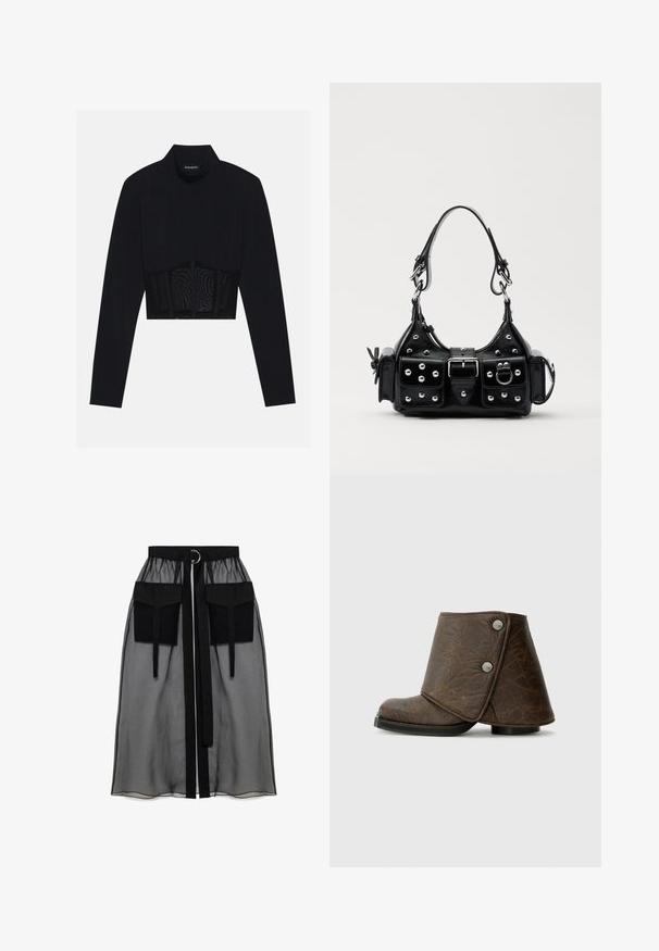 Crop top nero a maniche lunghe con collo alto, pannello in rete trasparente in vita e cuciture strutturate per un design aderente.; Gonna nera trasparente con una vita arricciata, dotata di due ampie tasche frontali, un laccetto in vita e un ornamento metallico circolare.; Stivale in pelle marrone con design a risvolto, dettagli in metallo argentato, punta arrotondata e finitura testurizzata. Suola nera bassa e piatta.; Borsa a mano in pelle nera con design curvo, caratterizzata da borchie argentate, una fibbia e due tasche laterali. Tracolla regolabile per diverse opzioni di trasporto.