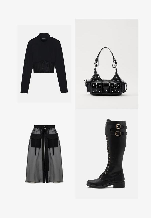 Čierny dlhý rukáv crop top s vysokým golierom, priehľadnou sieťovinou v oblasti pása a tvarovanými švami pre priliehavý dizajn.; Čierna priesvitná sukňa s naťahovacím pásom, ktorá má dve veľké predné vrecká, opasok na viazanie a kruhový kovový akcent.; Čierne kožené topánky po kolená s zlatými kovovými detailmi, s predným šnurovaním, dvomi pretiahnutými pásikmi a blokovým podpätkom.; Čierna kožená kabelka s zakriveným dizajnom, doplnená striebornými cvočkami, prackou a dvoma bočnými vreckami. Nastaviteľný popruh poskytuje rôzne možnosti nosenia.