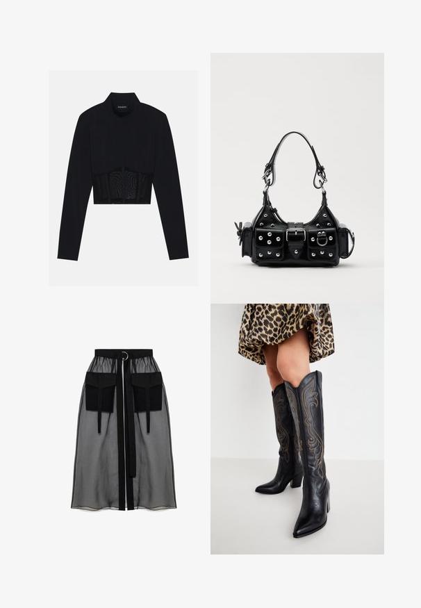 Top scurt negru cu mâneci lungi, având un guler înalt, un panou din plasă transparentă la talie și cusături structurate pentru un design ajustat.; Fustă neagră transparentă cu un talie plisată, având două buzunare mari în față, un cordon pentru talie și un accent metalic circular.; Picioare îmbrăcate în cizme cowboy negre din piele până la genunchi, cu broderie decorativă, asortate cu o fustă scurtă cu imprimeu leopard, pe un fundal alb.; Geantă de piele neagră cu un design curbat, dotată cu studuri argintii, o cataramă și două buzunare laterale. Curea ajustabilă pentru opțiuni de transport.