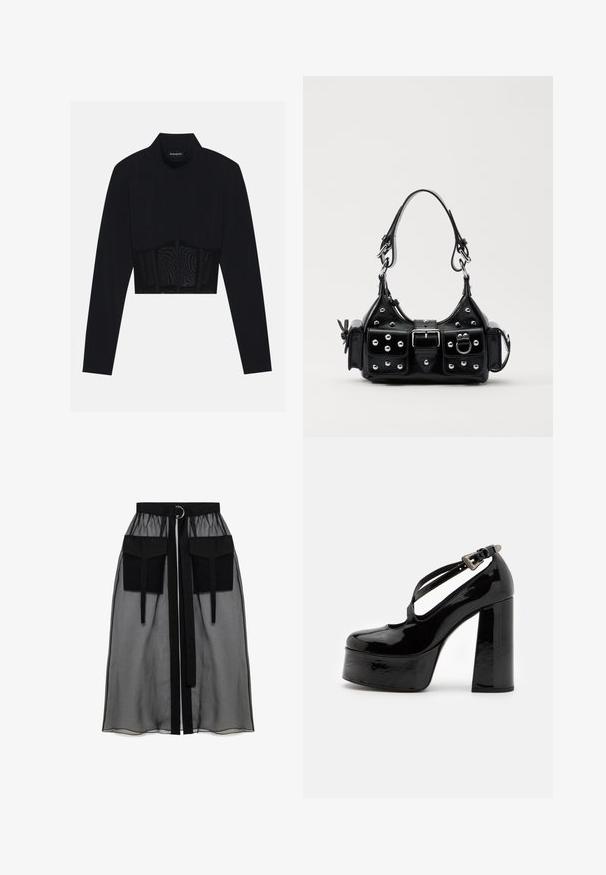 Black long-sleeve crop top featuring a high neck, a sheer mesh panel at the waist, and structured seams for a fitted design.; Black sheer skirt with a gathered waistband, featuring two large front pockets, a waist tie, and a circular metal accent.; The Kooples CHAUSSURES - High heels - black; Black leather handbag with a curved design, featuring silver studs, a buckle, and two side pockets. Adjustable strap for carrying options.