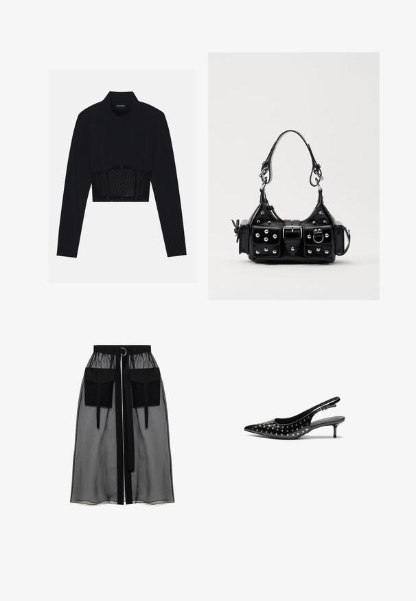 Top scurt negru cu mâneci lungi, având un guler înalt, un panou din plasă transparentă la talie și cusături structurate pentru un design ajustat.; Fustă neagră transparentă cu un talie plisată, având două buzunare mari în față, un cordon pentru talie și un accent metalic circular.; Sandale cu toc din piele neagră, cu vârf ascuțit și toc mic. Decorate cu cuie metalice pe partea superioară pentru un plus de textură.; Geantă de piele neagră cu un design curbat, dotată cu studuri argintii, o cataramă și două buzunare laterale. Curea ajustabilă pentru opțiuni de transport.
