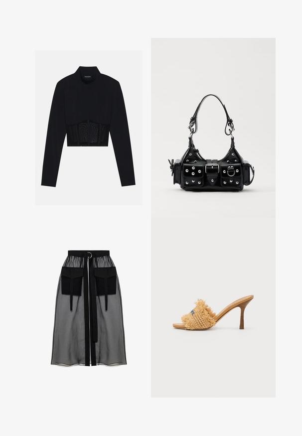 Fekete, hosszú ujjú crop top, magas nyakkal, áttetsző hálós betéttel a deréknál és strukturált varrásokkal, amelyek feszes szabást biztosítanak.; Fekete áttetsző szoknya ráncolt derékrésszel, két nagy elülső zsebbel, derékpánttal és kör alakú fém díszítéssel.; Bőrszövésű, magas sarkú szandál világosbarna színben, rojtos díszítéssel és kék akcentussal, kerek, nyitott orral és kúpos stiletto sarkal.; Fekete bőr kézitáska ívelt designnal, ezüst szegecsekkel, csattal és két oldalsó zsebbel. Állítható vállpánt a hordozási lehetőségekhez.