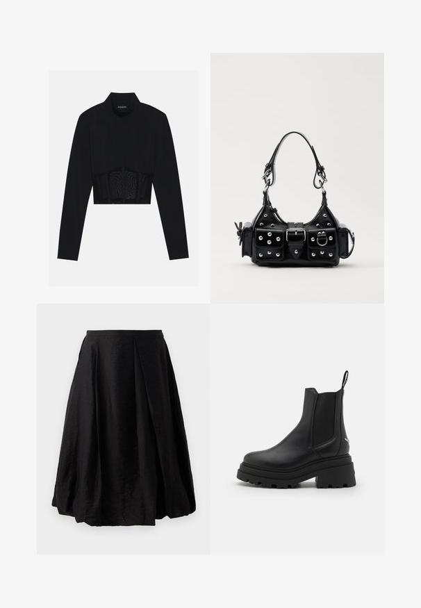 Must musta varrukatega crop top, millel on kõrge kaelus, läbipaistev võrkpaneel vöökoha juures ja struktureeritud õmblused kokkuhoidliku disaini jaoks.; Must have mustriga mustriga kerge ja tekstuuriga kangas. A-lõikega, keskmise sääre pikkuse ja külgpaneeli lukuga. Ilma nähtava mustrita.; Mustad mustad tumed nahast Chelseas kingad, millel on elastsed külgpaneelid, paks ja sooniline kummitald ning tagaküljel tõmberaam.; Must värvi nahast käekott, millel on kaarjas disain, hõbedased nupukesed, kinnitusahe ja kaks külgtaskut. Reguleeritav rihm erinevate kandmisvõimaluste jaoks.