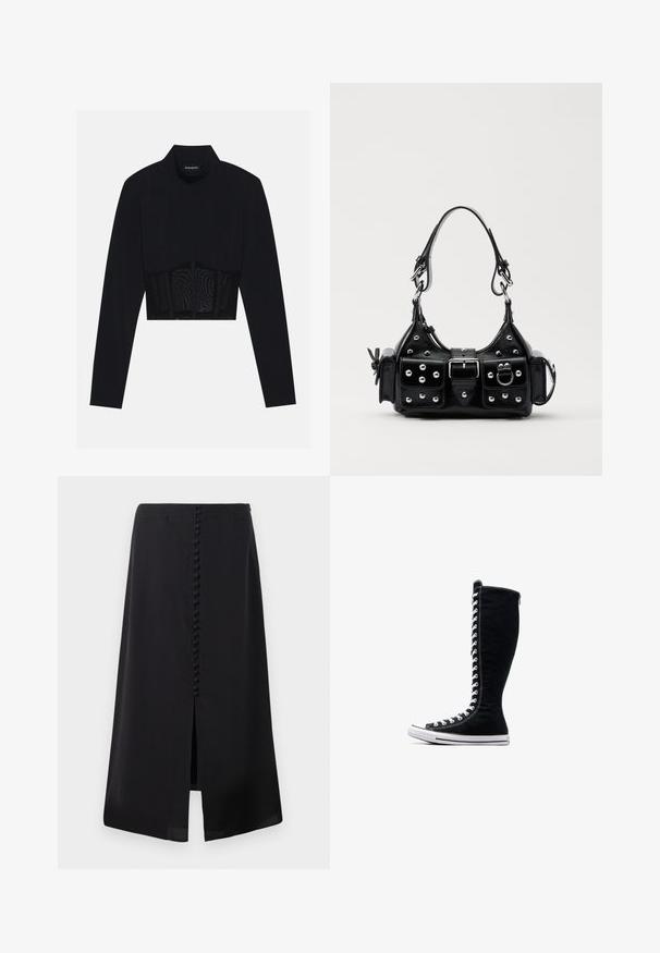 Zwarte lange mouwen crop top met een hoge hals, een doorschijnend meshpaneel op de taille en gestructureerde naden voor een aansluitend ontwerp.; Zwarte midi-jurk gemaakt van soepele stof, met een voren split en een rij kleine knopen langs de achterkant voor detail.; Zwarte hoge sneakers met een hoge ontwerp, gemaakt van canvas. Beschikken over witte veters, stiksels en een rubberen zool met een neuskap.; Zwarte lederen handtas met een gebogen ontwerp, voorzien van zilveren studs, een gesp en twee zijvakken. Verstelbare schouderband voor verschillende draagmogelijkheden.