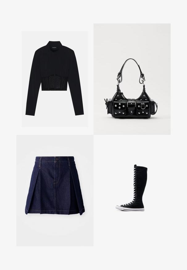 Top cropped preto de manga longa com gola alta, um painel de malha transparente na cintura e costuras estruturadas para um design justo.; Saia de ganga escura com pregas, fecho de botão e costuras em contraste. Design simples com uma forma evasê e corte a meio da coxa.; Tênis de cano alto pretos com um design alto, feitos de lona. Apresentam atacadores brancos, costura e uma sola de borracha com biqueira.; Bolsa de couro preta com um design curvado, apresentando tachas prateadas, uma fivela e dois bolsos laterais. Alça ajustável para opções de transporte.